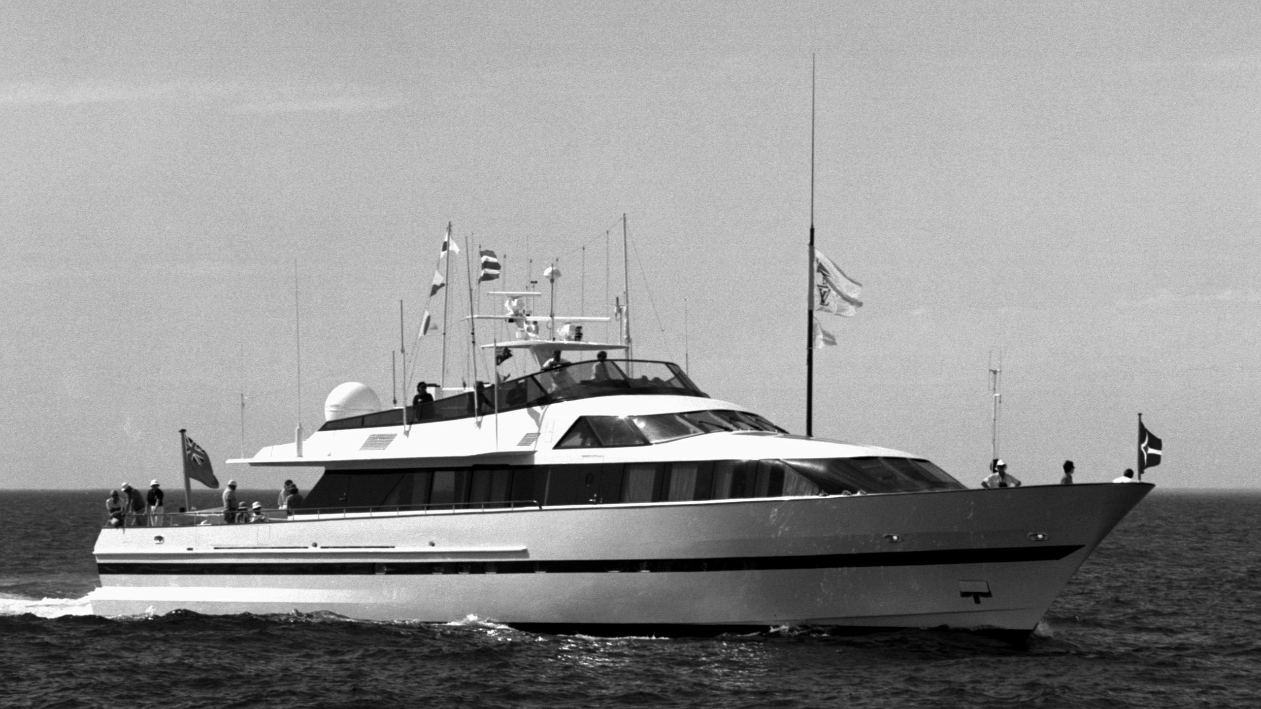 Black and white image of the yacht Shergar on the water