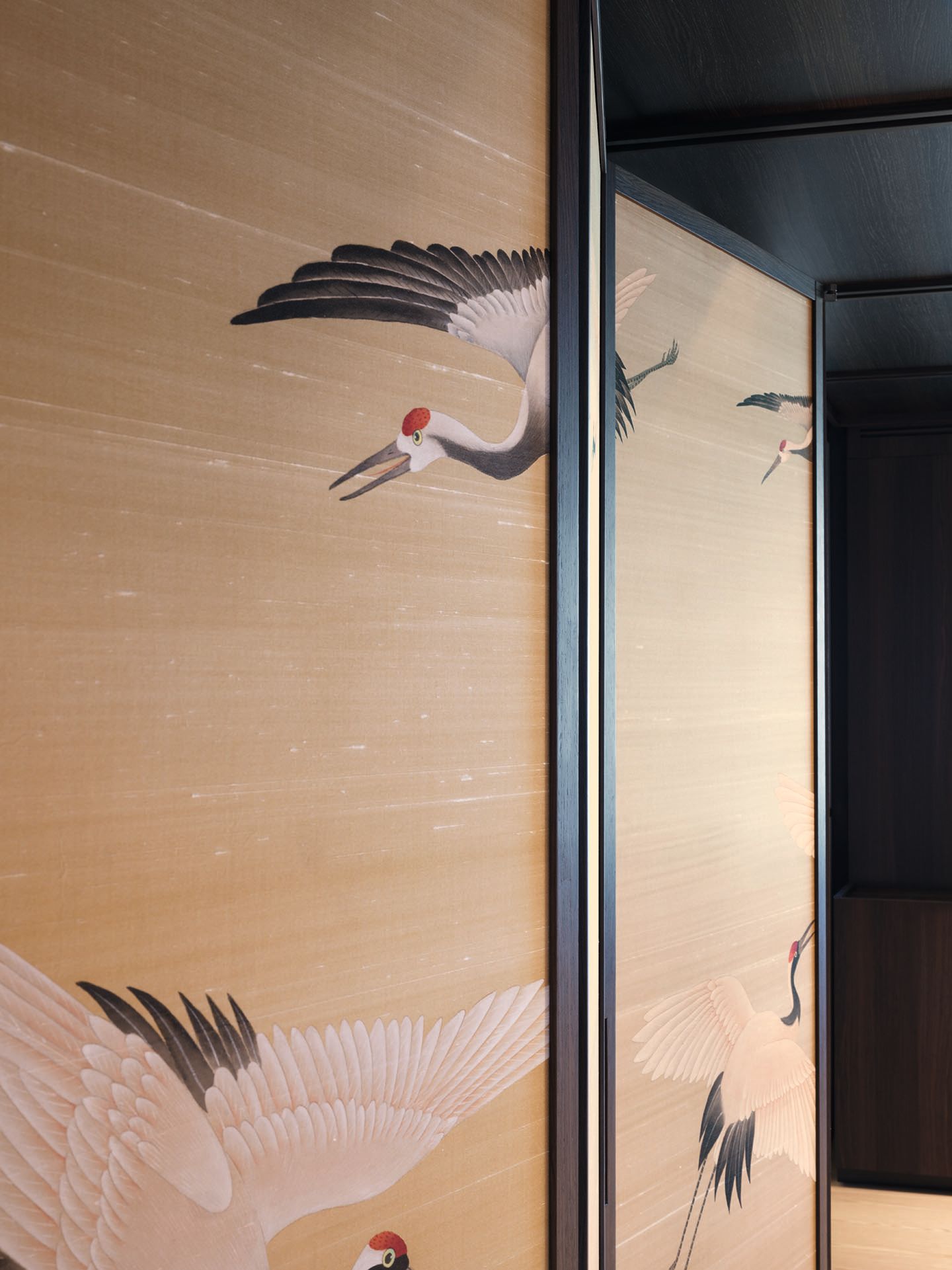 Close-up of the cranes on the screen against the wakk