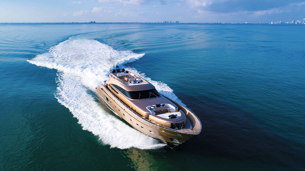 The tender boat from above on the water