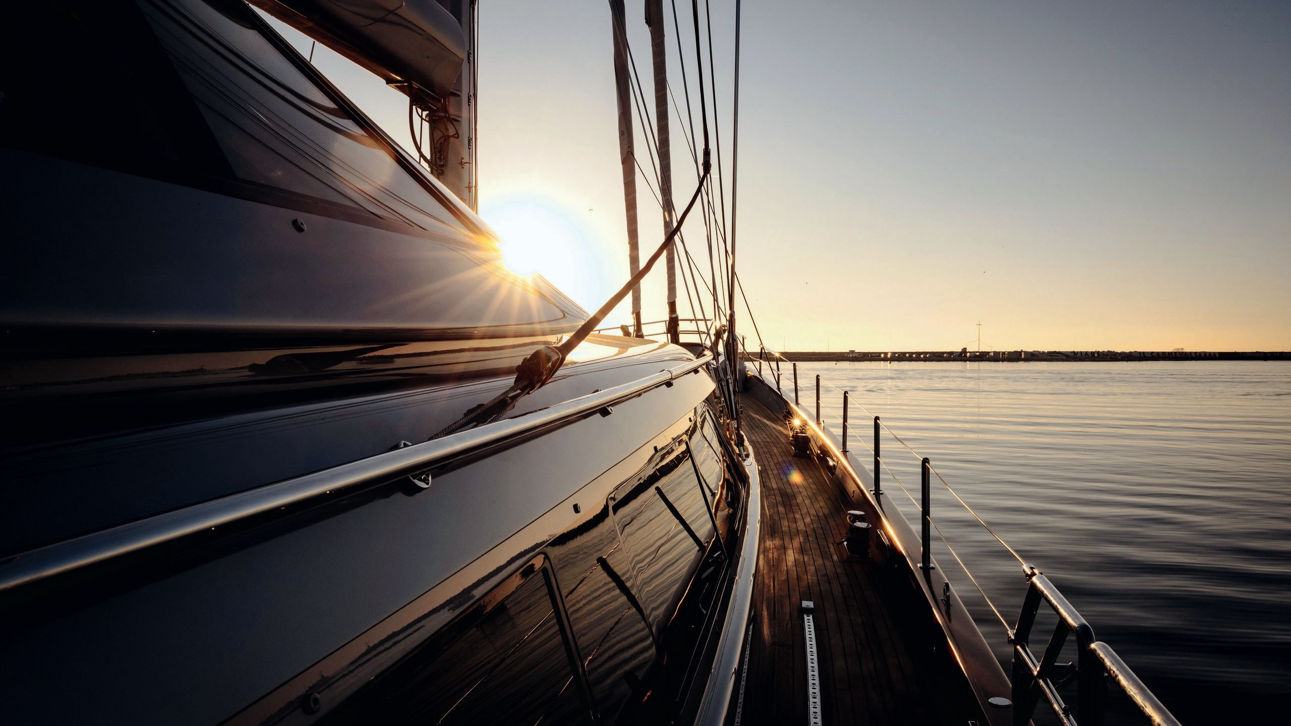 Looking down the side of Andromeda la Dea from the deck, towards the sun