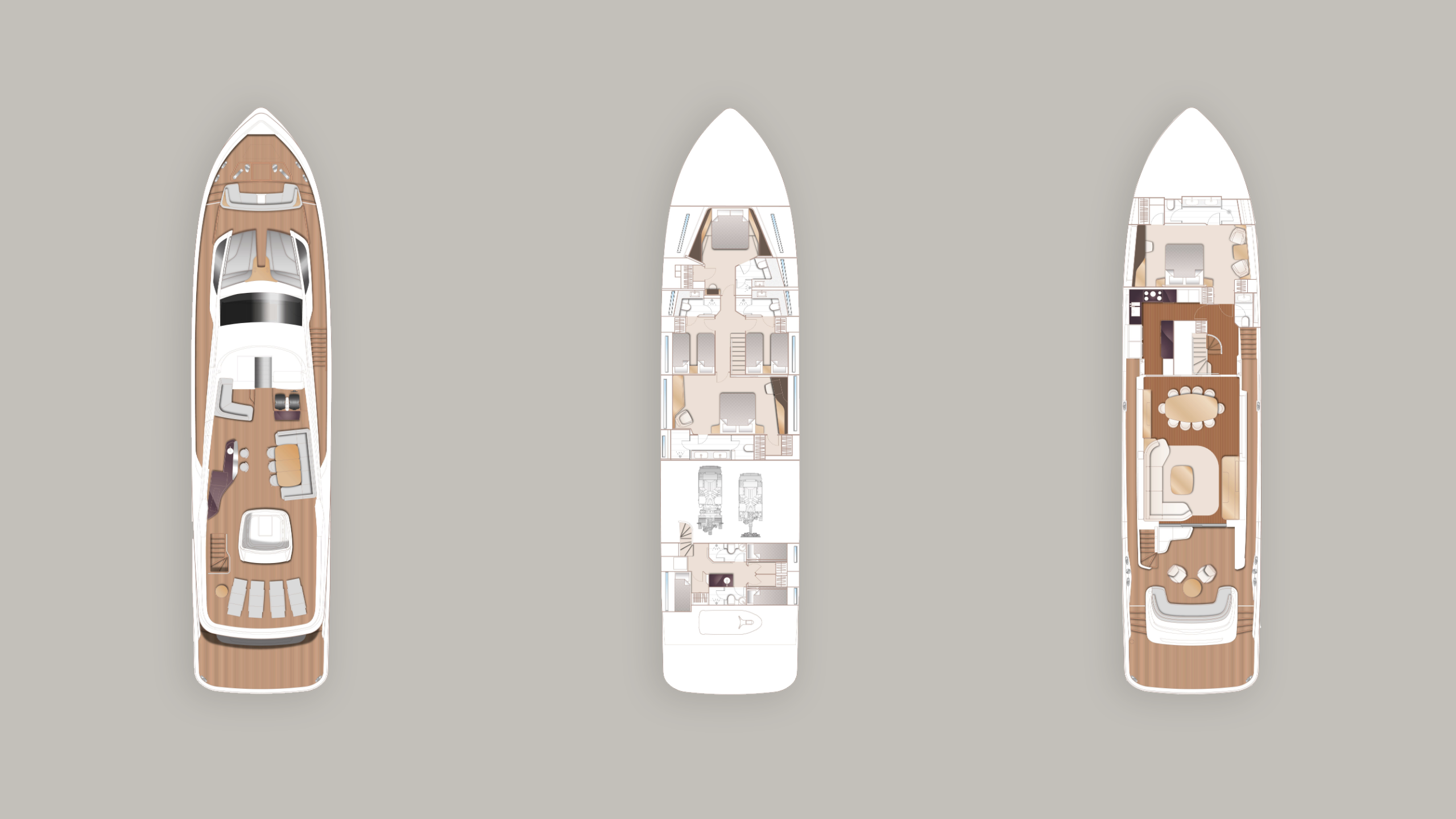 Three diagrams of Y95: Flybridge standard, Lower Deck with optional crew layout and Main Deck with optional cockpit, wetbar and inlay rug with standard dining table