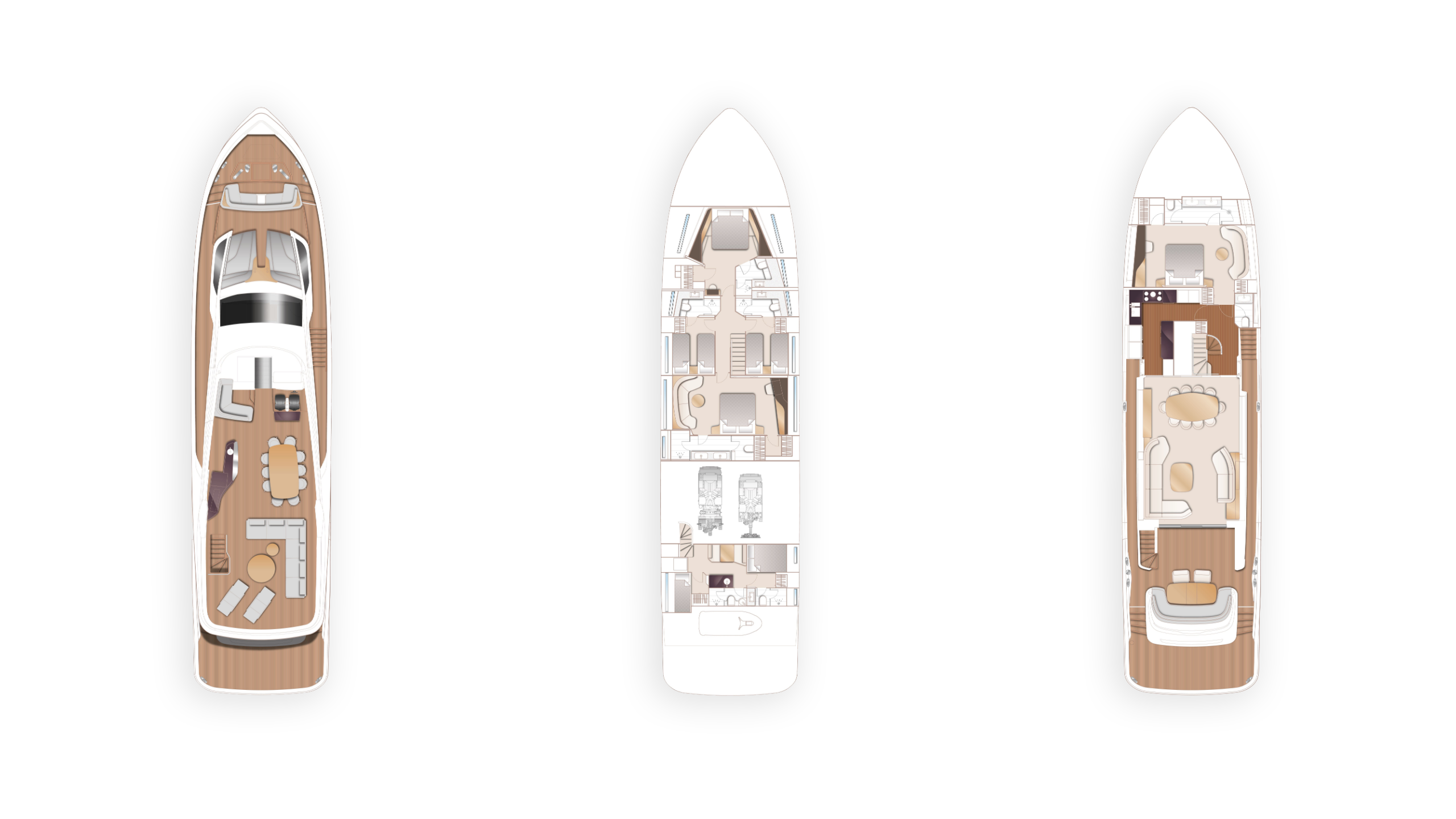 Three diagrams of Y95: Flybridge standard, Lower Deck standard and Main Deck standard