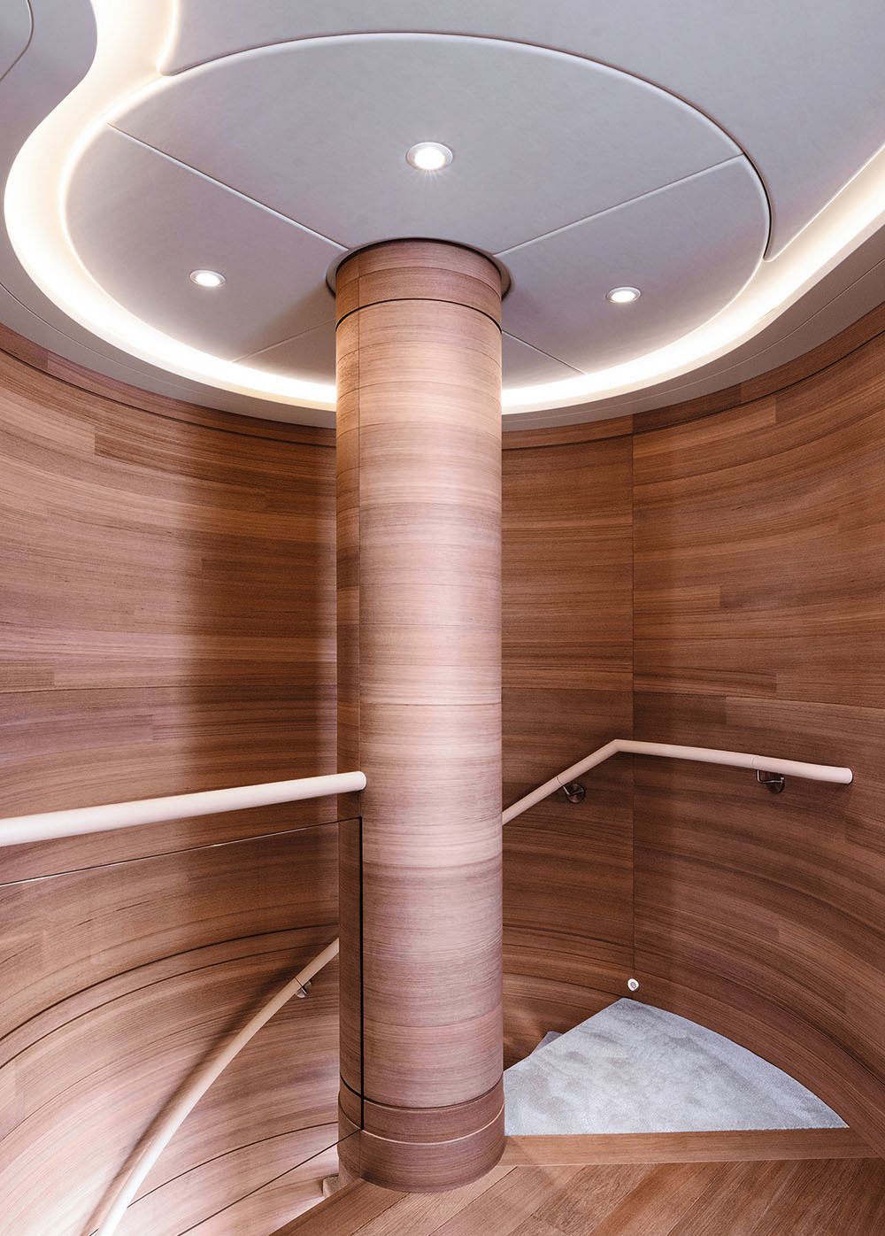 Looking towards the top of the teak staircase