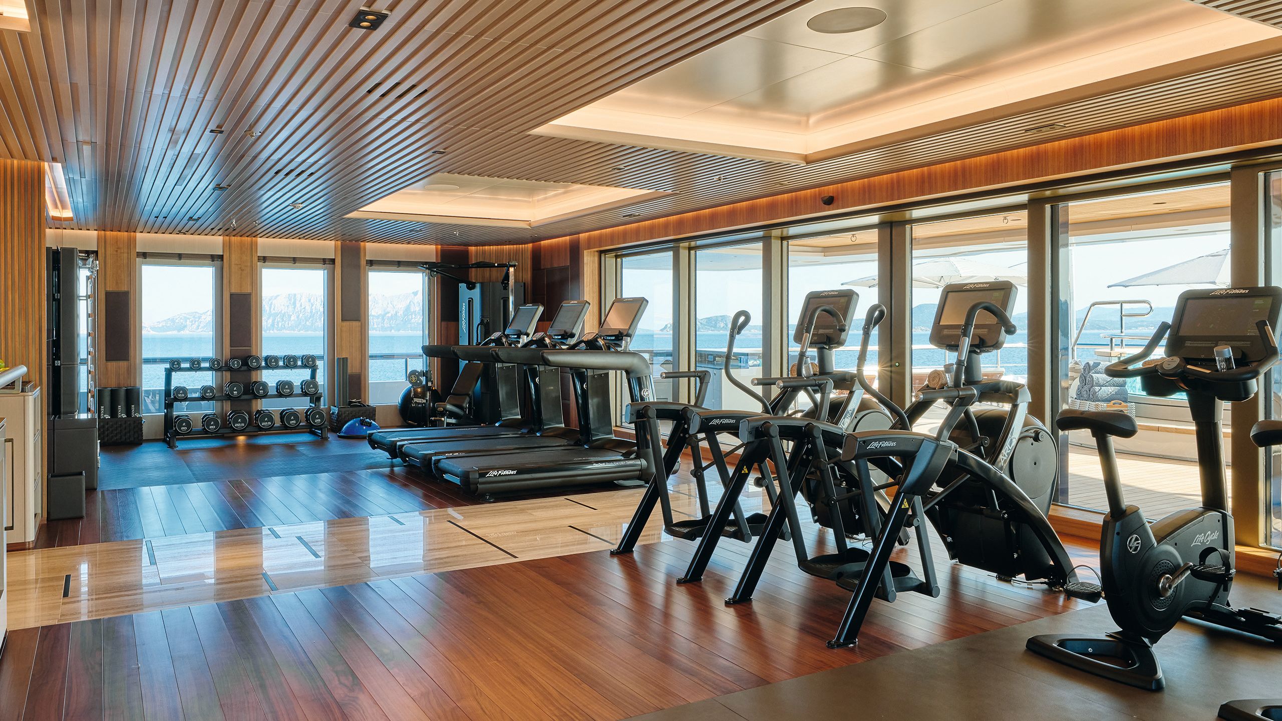 Gym with crosstrainers, bike, treadmills and dumbells