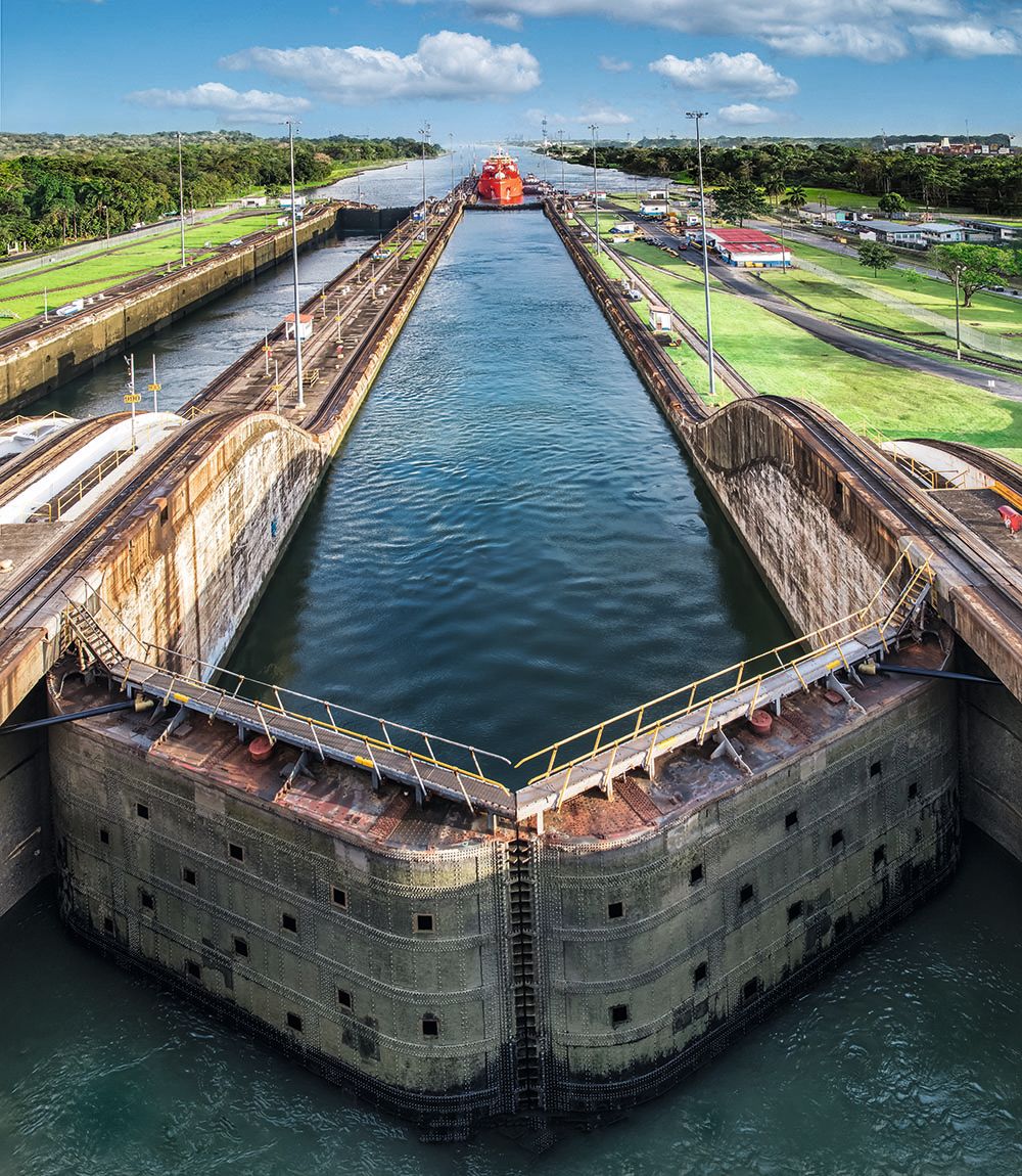View of the Panama canal from the aspect of the lock, which is shut