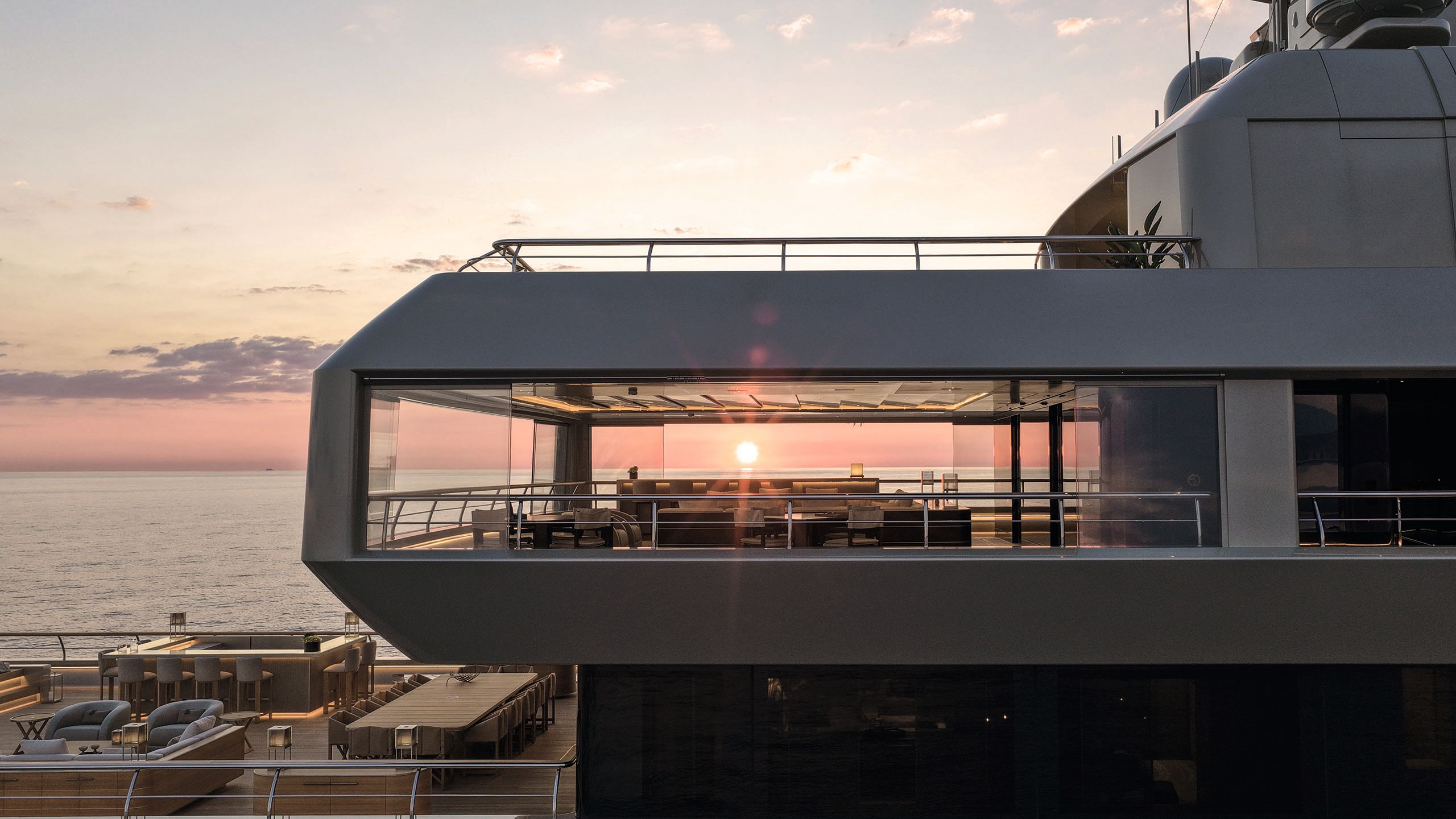 Looking through the glass panels of the aft section at sunset