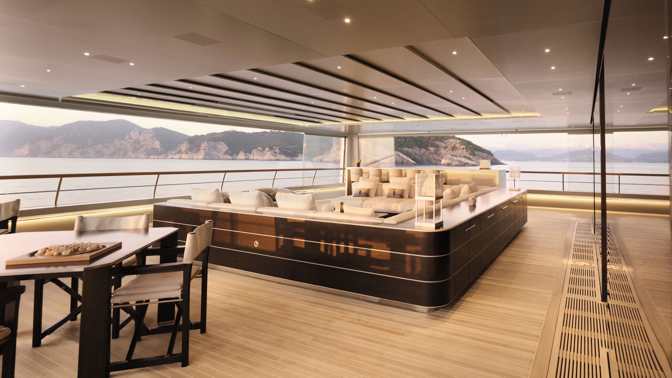 The c-shaped sofa on the outdoor terrace