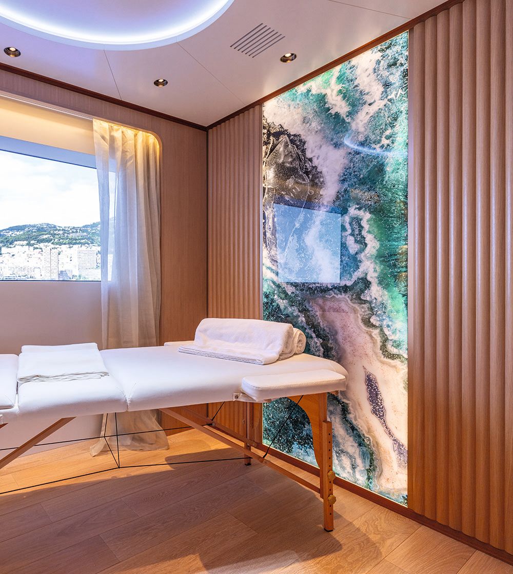 Close-up of the massage table with towels on it