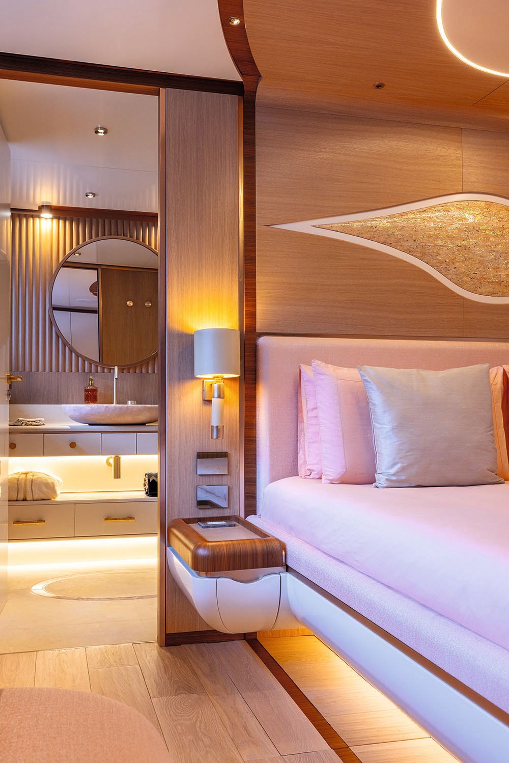 Close-up of pink pillows on a bed