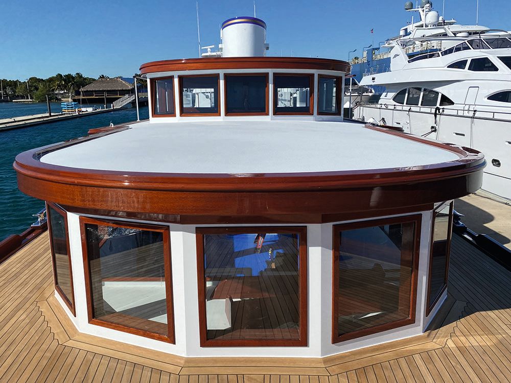 A close-up of the mahogany trim on the outside of the boat