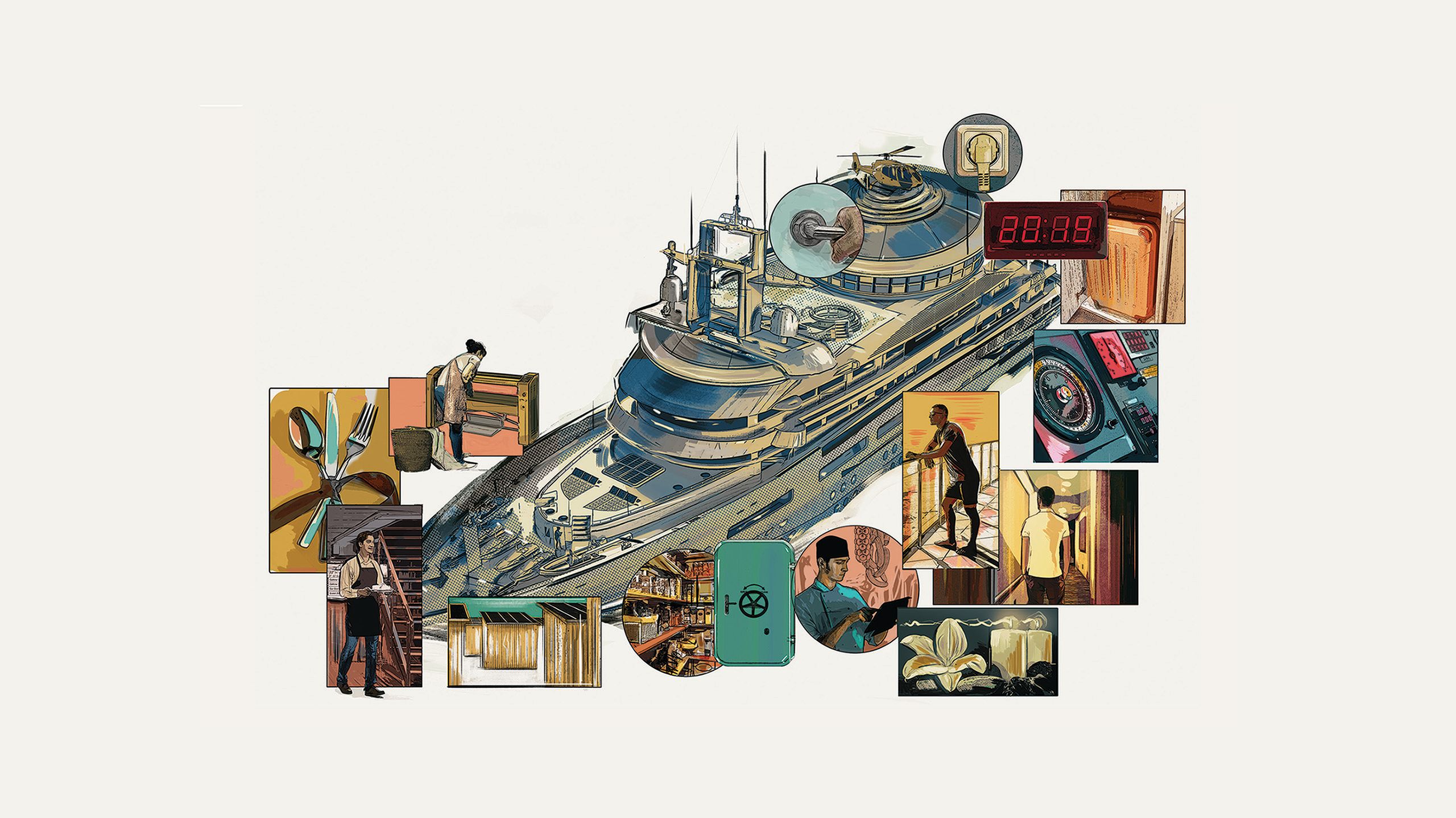 Composite illustration of various features of a boat