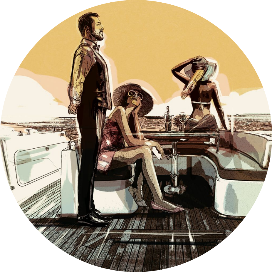 Illustration of deck with three people
