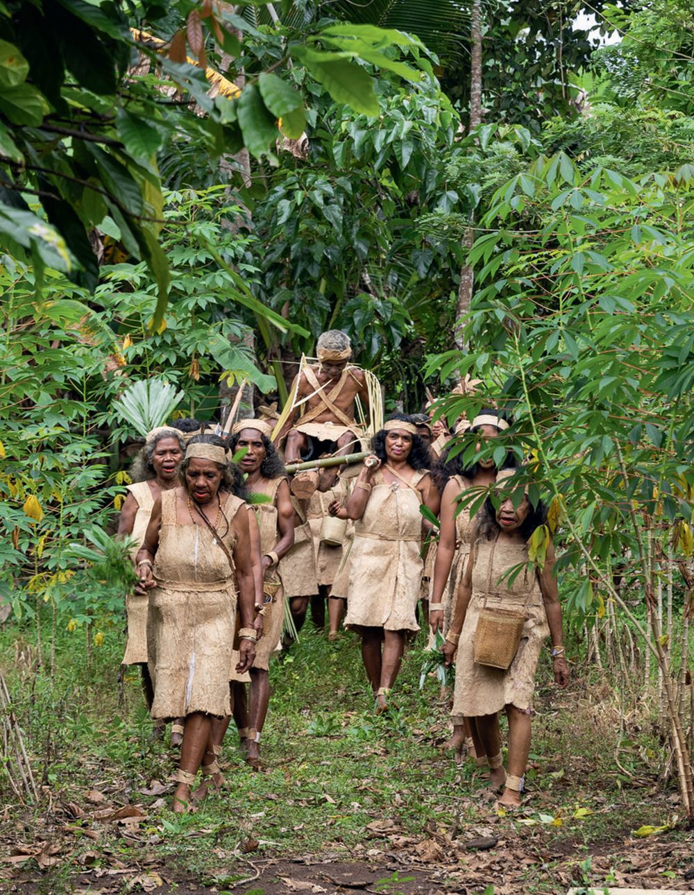 A group of women in traditional dress carrying a man sitting on bamboo poles 