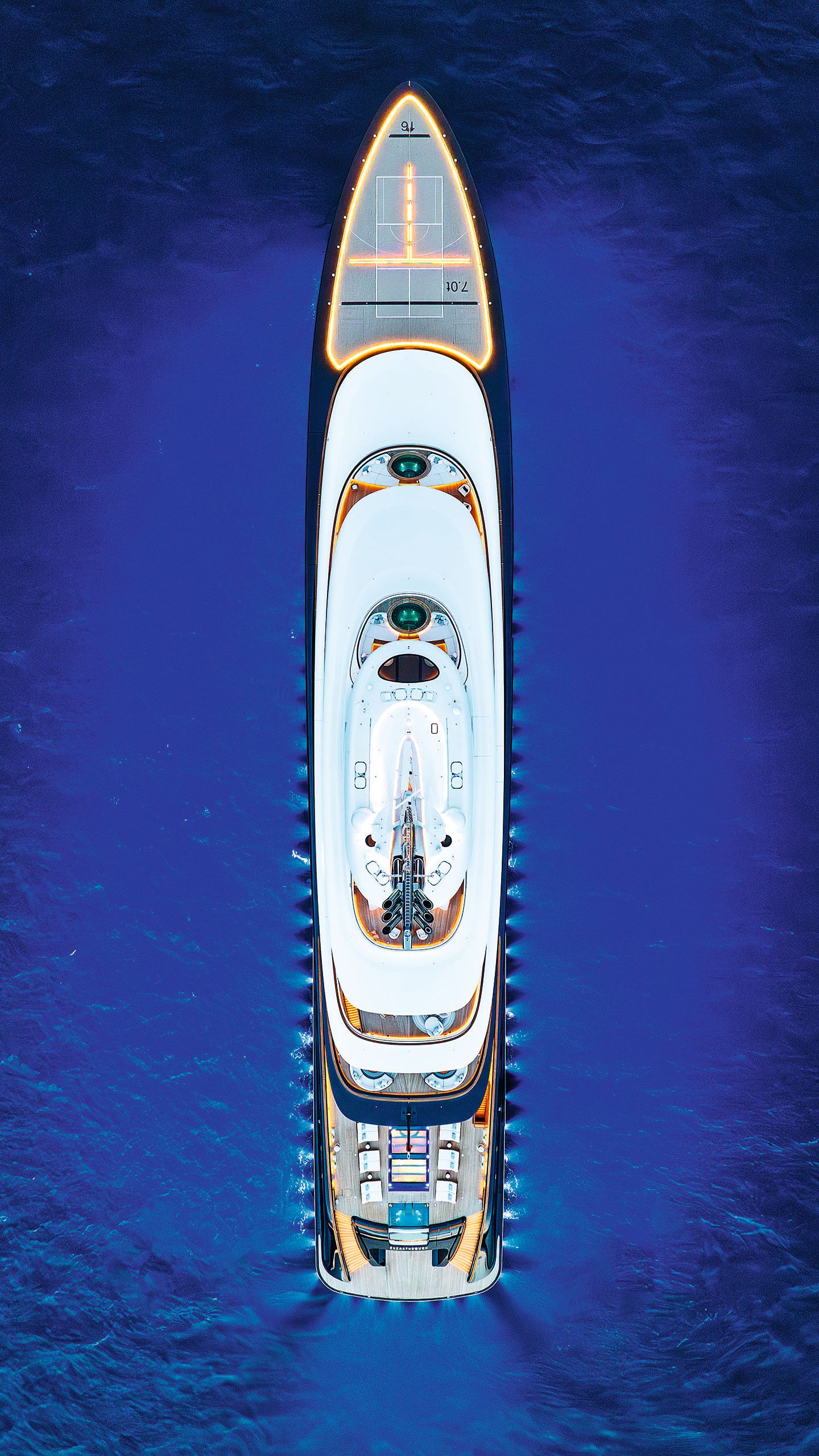 Overhead view of Breakthrough on the water, which is royal blue