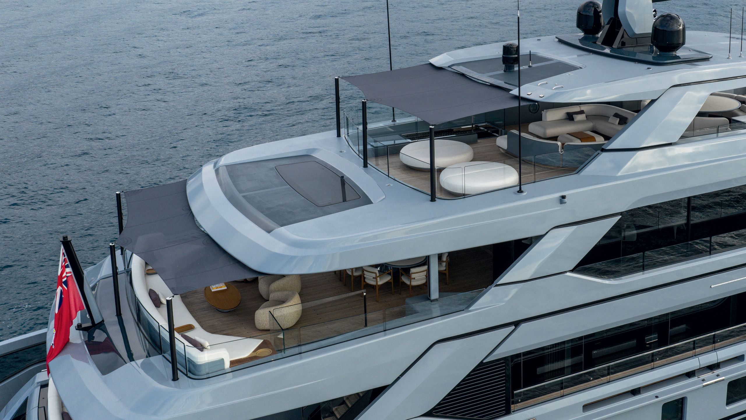 Overhead close-up of the two top decks which have canopies covering soft seating