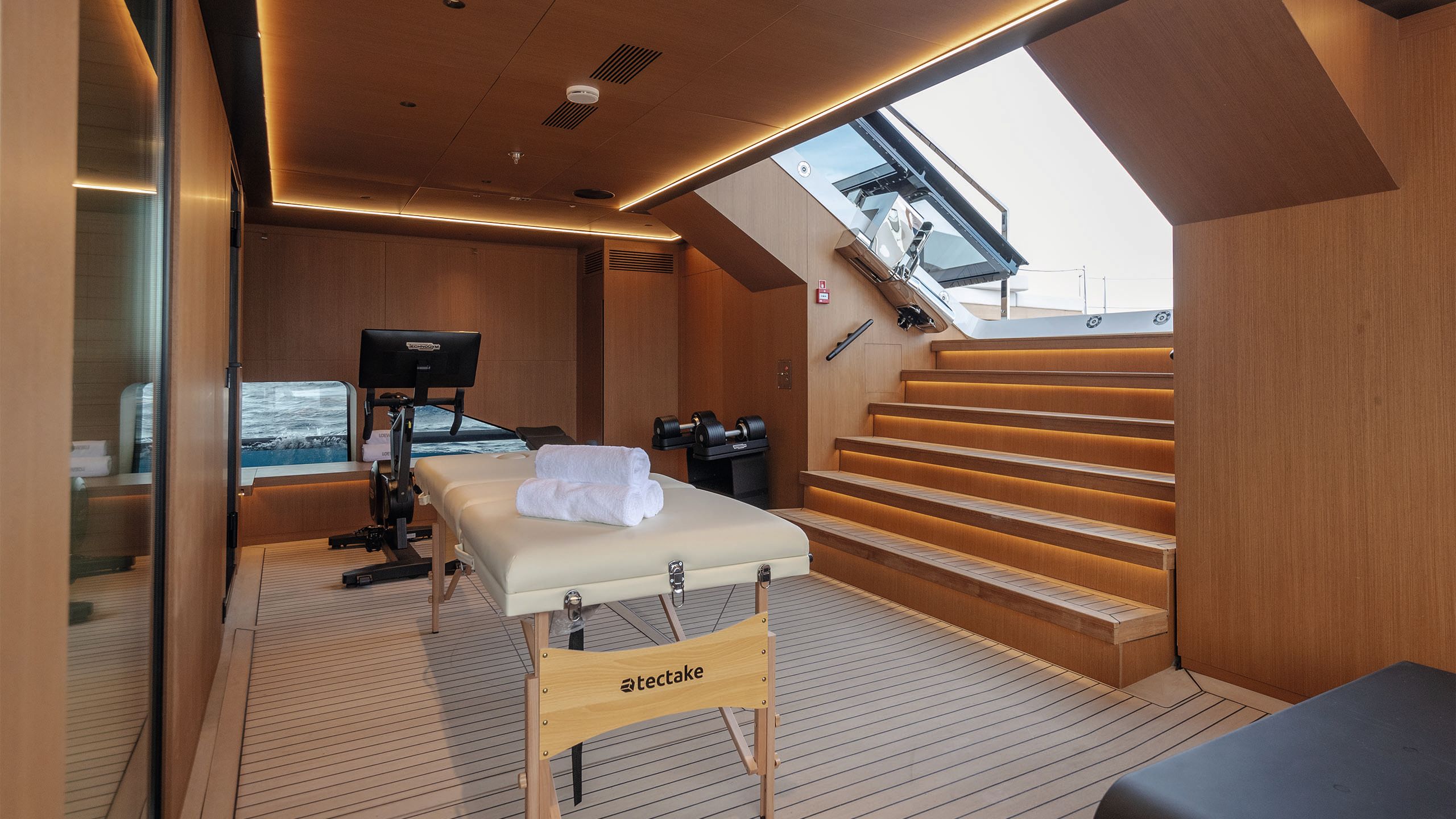 A massage table below deck