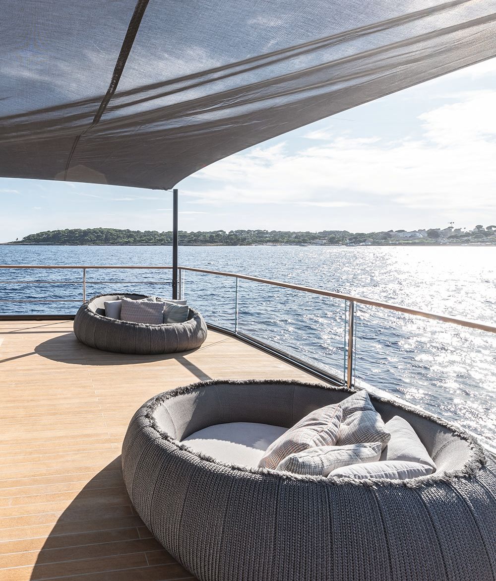 Large round beanbags on a sundeck