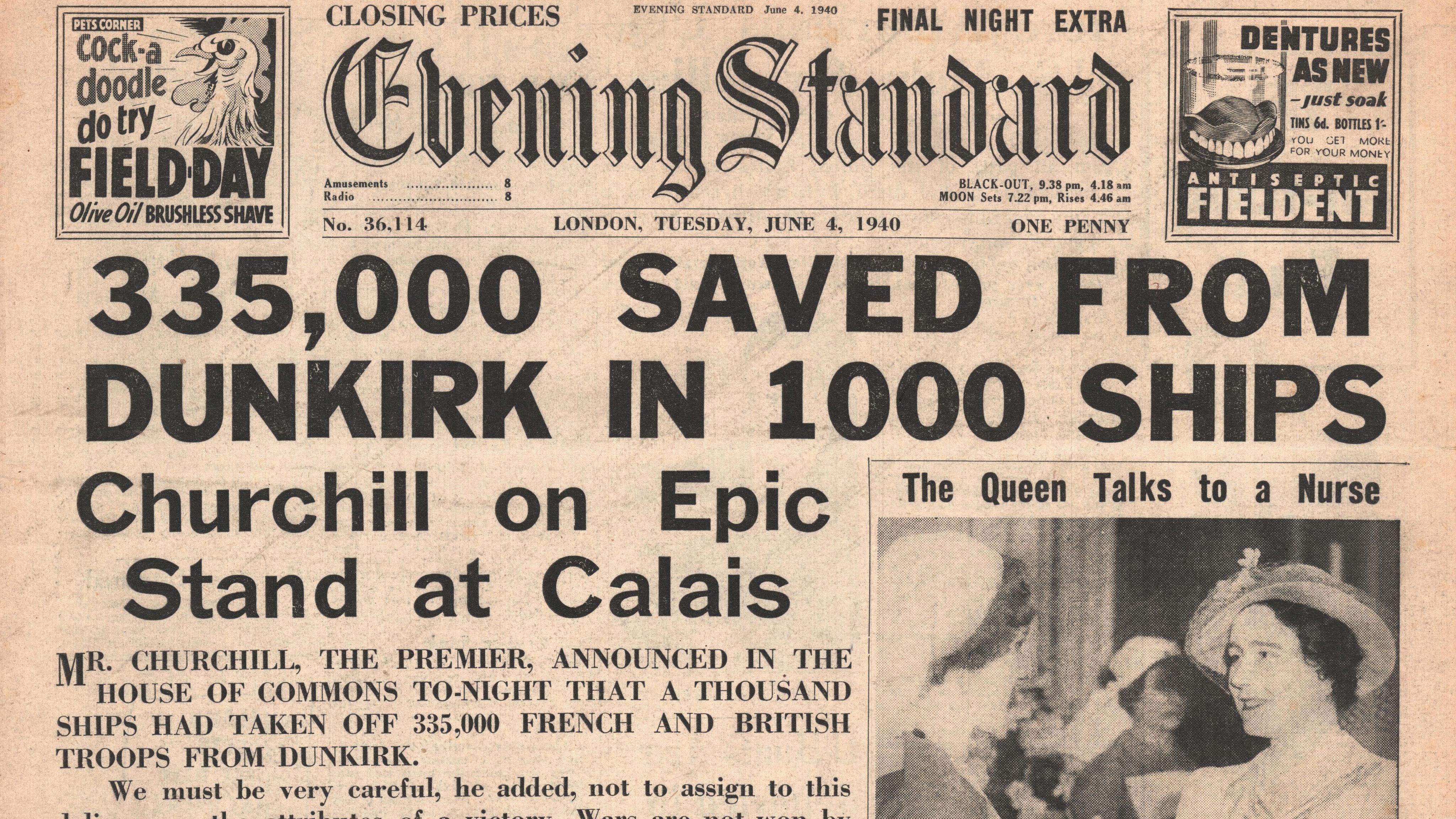 Yellowed copy of Evening Standard newspaper with headline: 335,000 saved from Dunkirk in 1000 ships