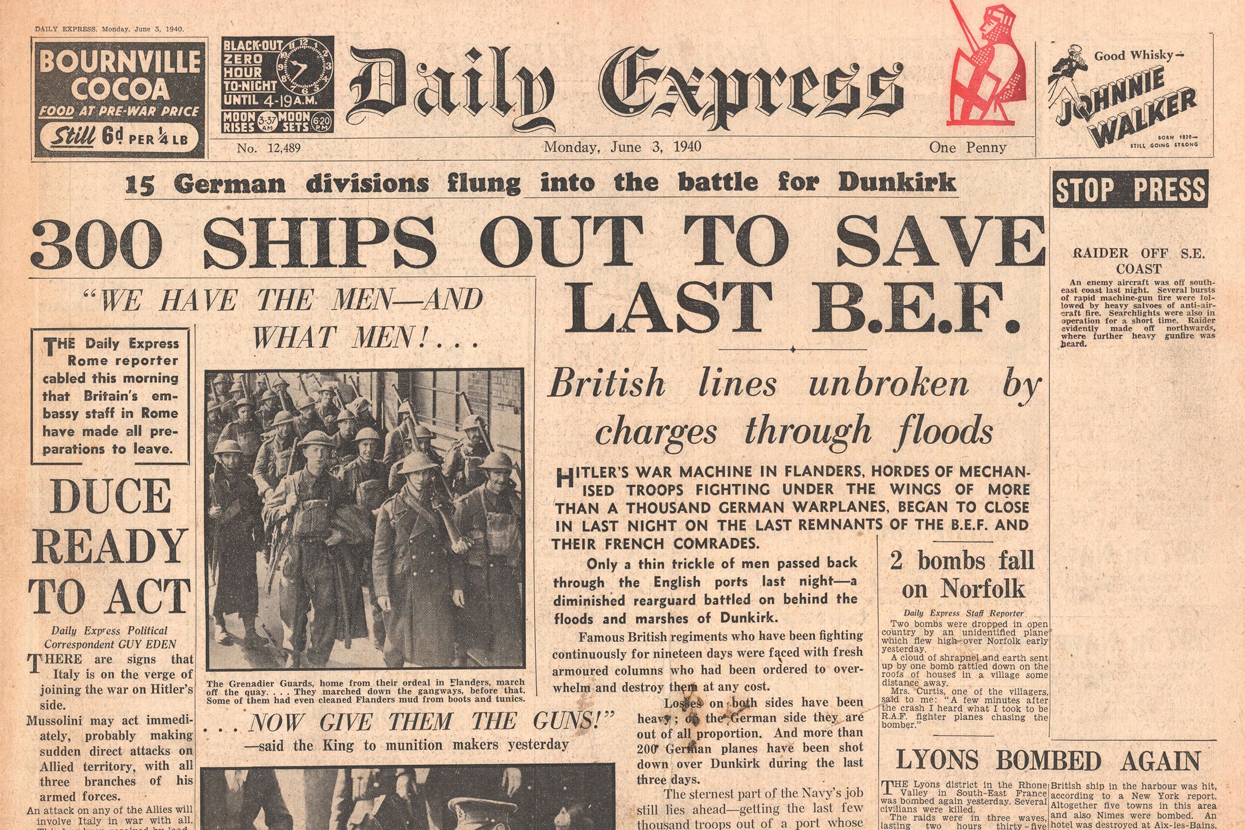 Colour photo of Churchill in a grey suit in front of a BBC microphone