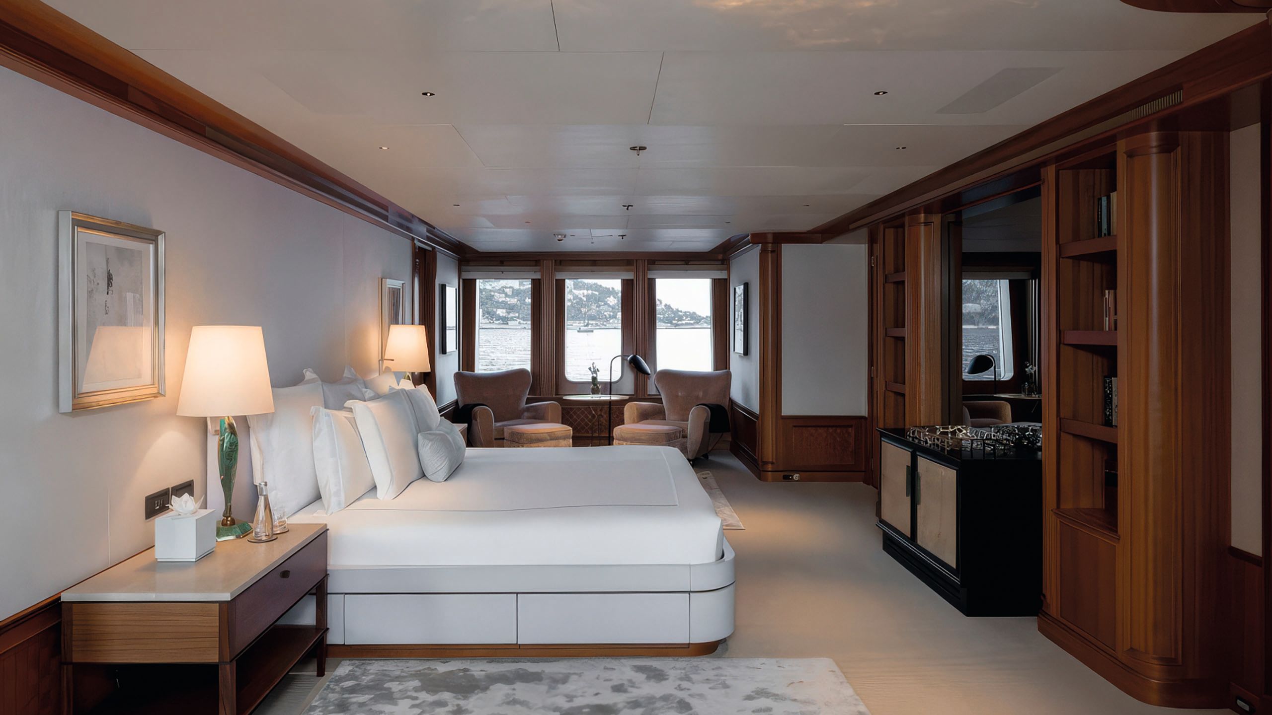 The owner's cabin before was done in creams and white with dark wood finishes