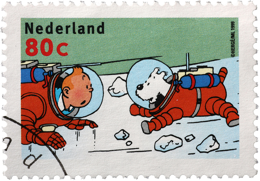 A Dutch stamp of TinTin and his dog in astronaut outfits