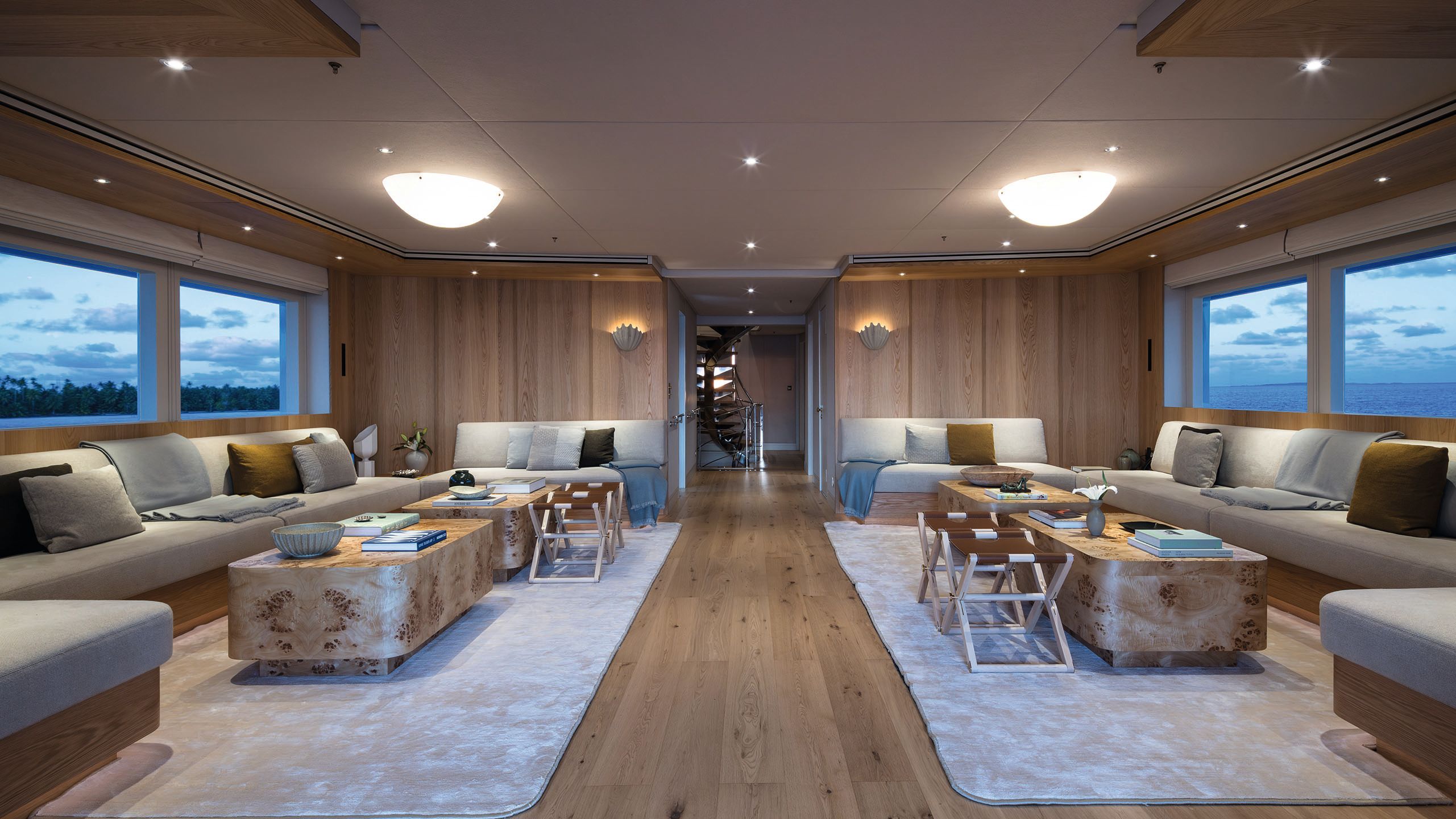 Main saloon after done out in light oak and grey/neutral furnishings