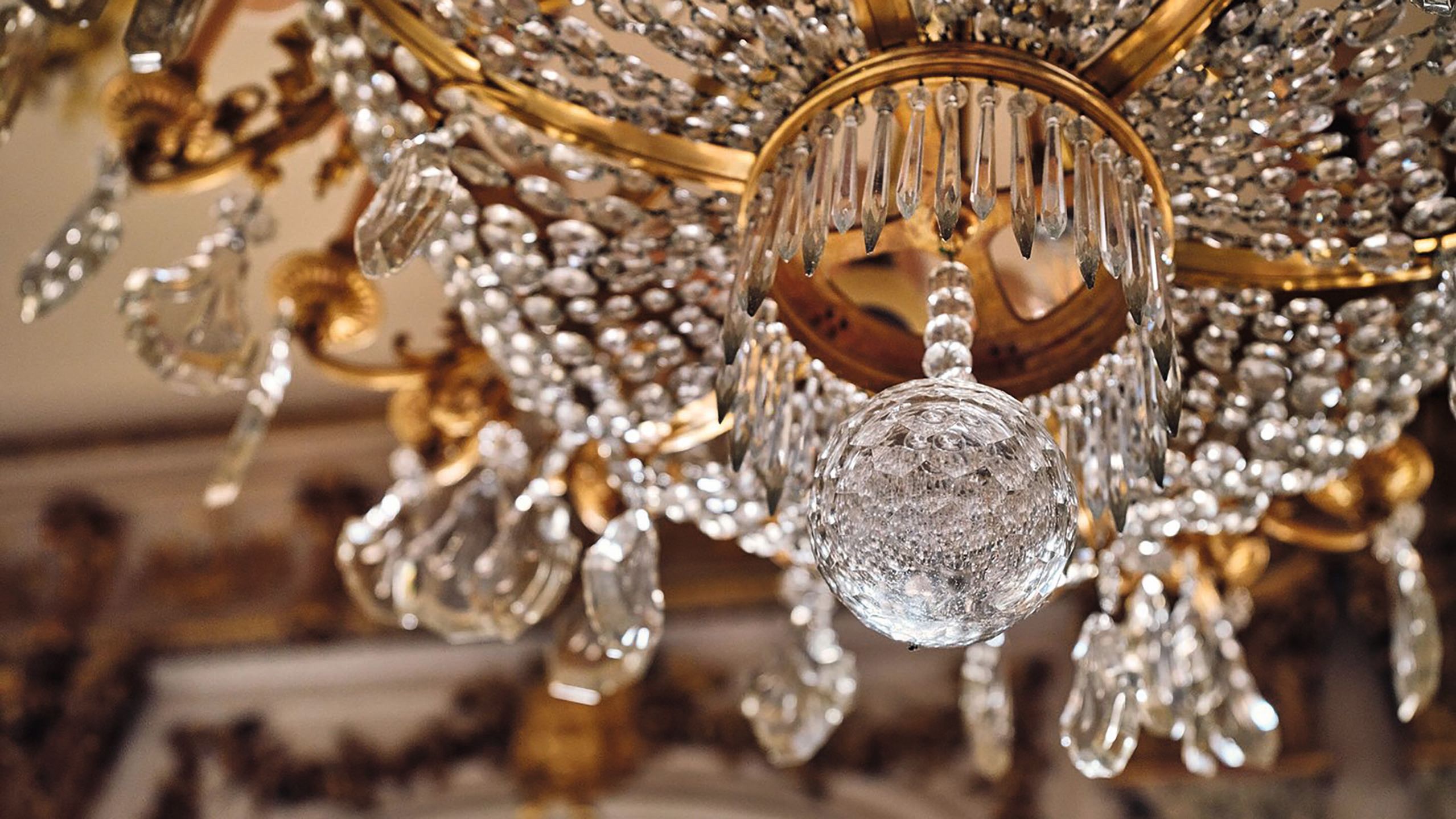 Close-up of a chandelier's crystals