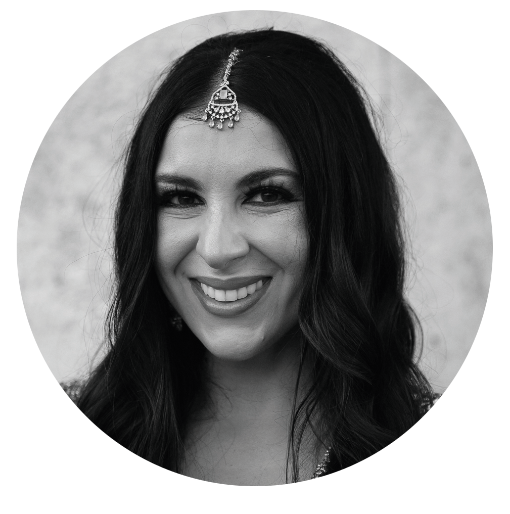 Black and white head and shoulders shot of Shanna Khan