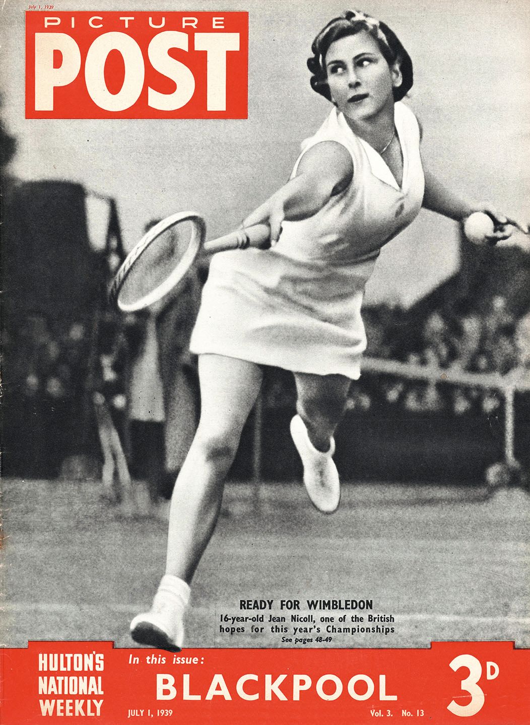 Magazine cover of the Picture Post. It has an orangey-red banner along the bottom teasing the contents and the title of the magazine is in white on the same colour box. A woman playing tennis is the main image