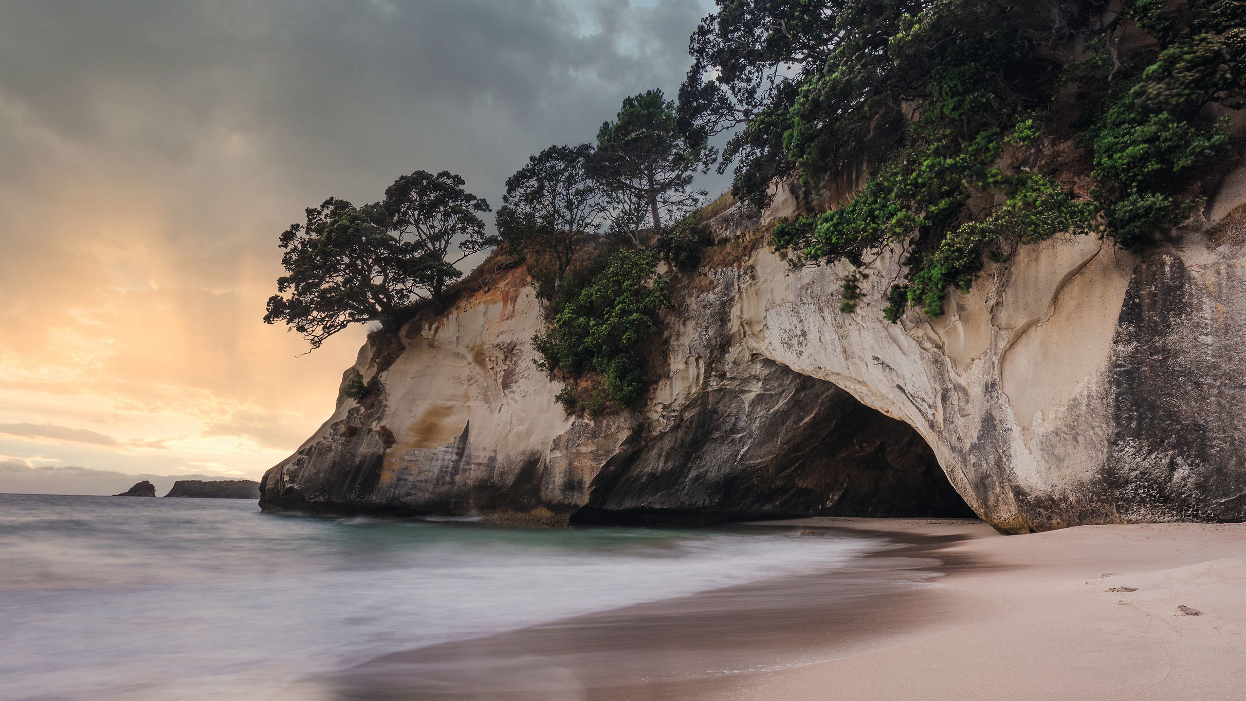 Side view of a beach at sunrise/sunset with a cave in the background and trees in the rocks overhead