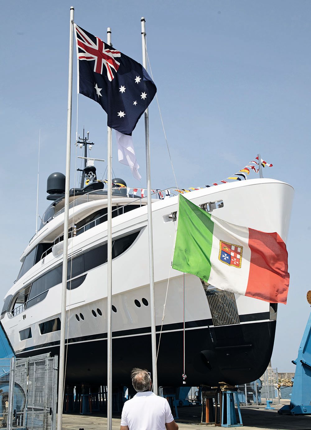 Side view of Maverick - there are flags and bunting waving in the wind