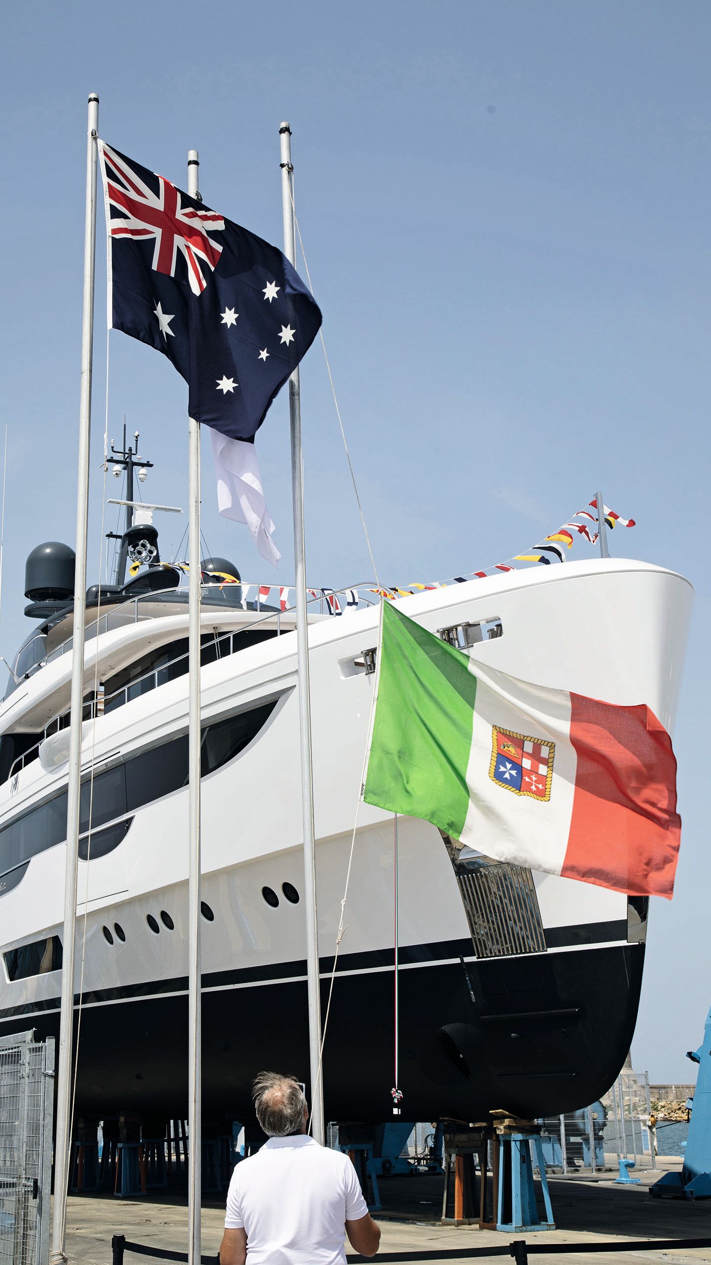 Side view of Maverick - there are flags and bunting waving in the wind