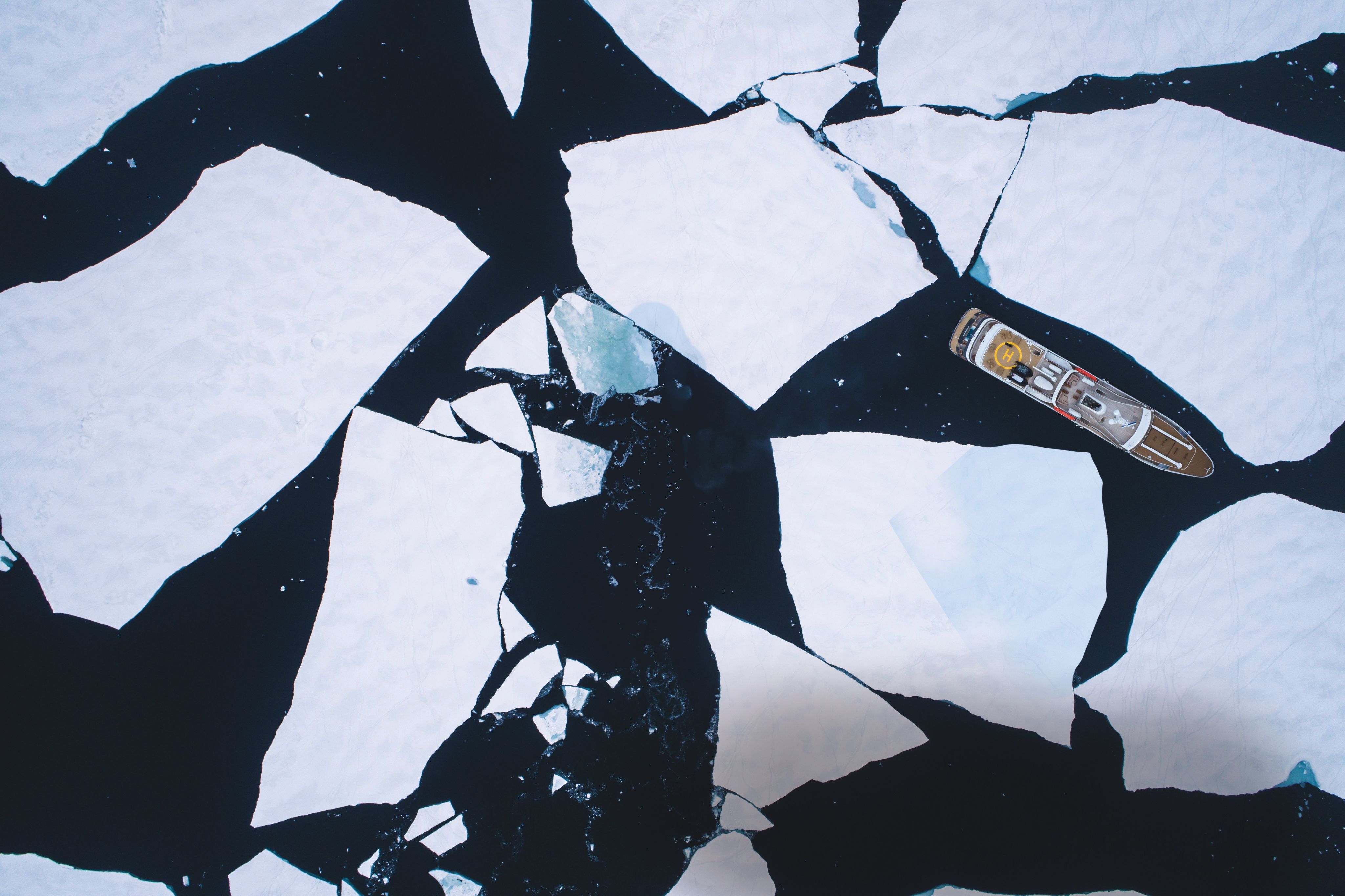 Aerial view boat in ice