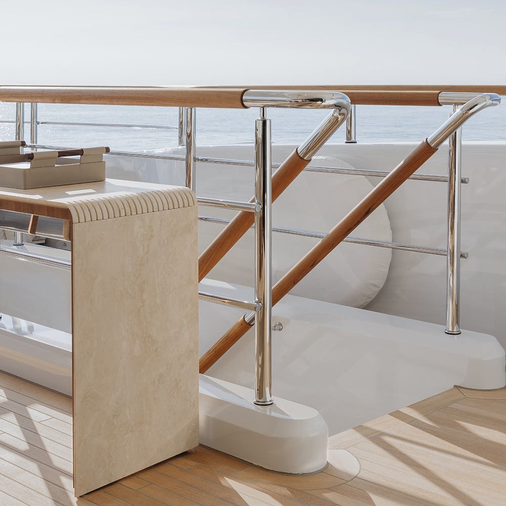 Side view of stairs leading down to deck