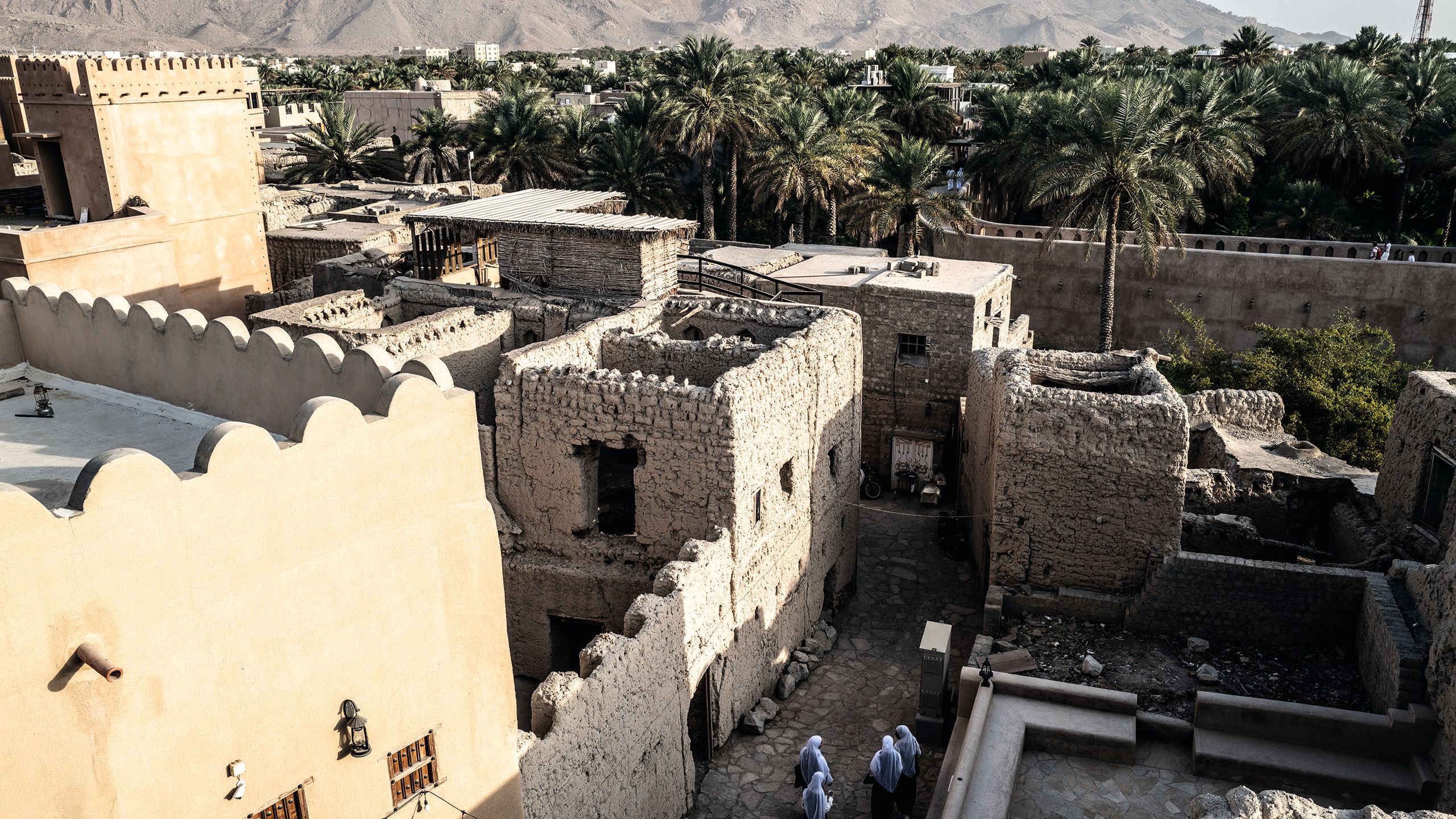 Overhead view of walled part of Nizwa. The stone is yellow and beige