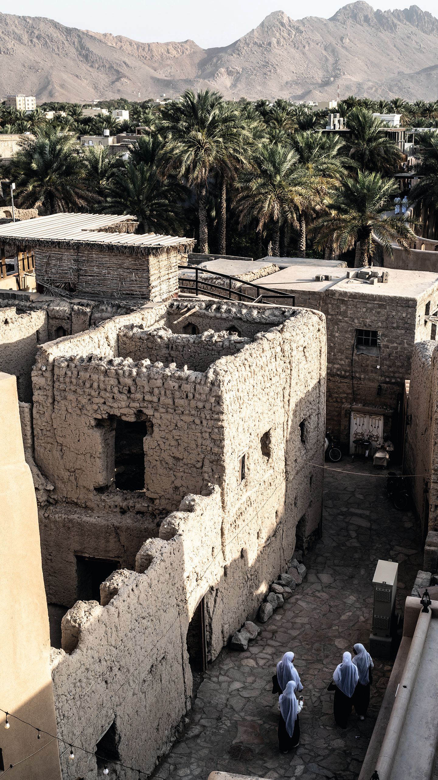 Overhead view of walled part of Nizwa. The stone is yellow and beige