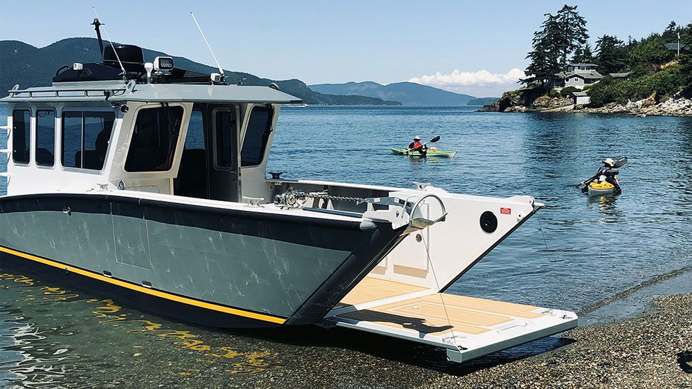 Back-end view of a boat with the same paintwork as No Destination