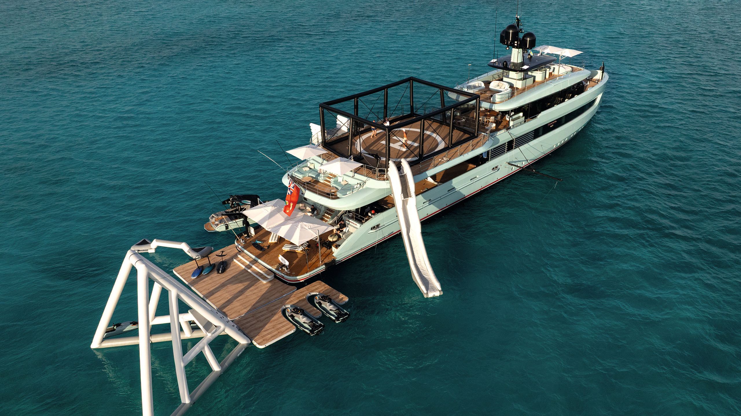 Side view of the back portion of Limerence, showing the helipad and lower deck