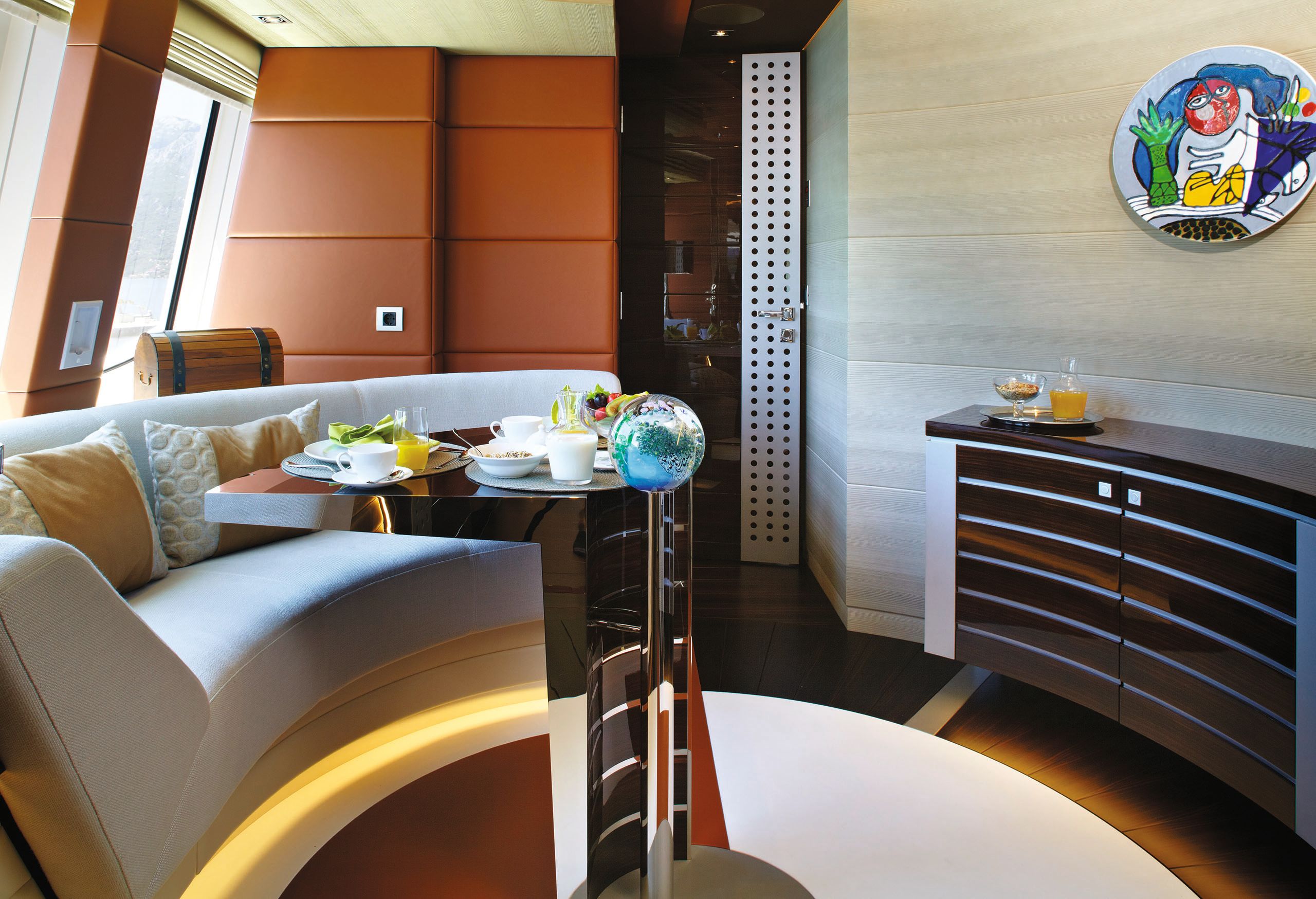 Pre-refit decor in neutral colours with orange accents