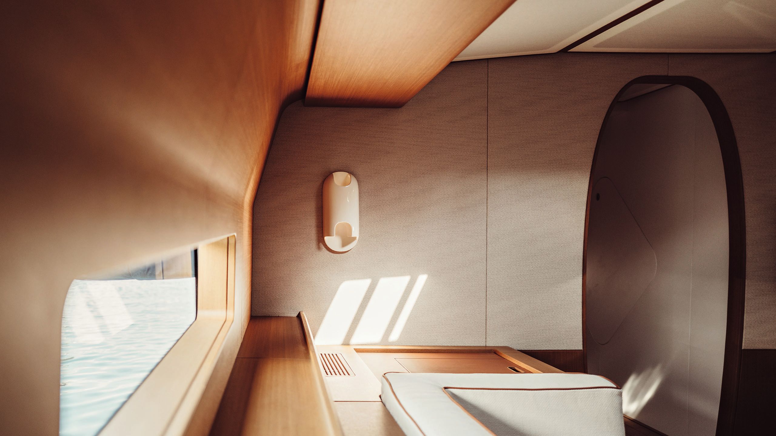 Side view of a desk with oval doorway in the background