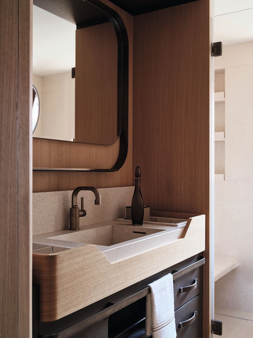 Close-up of a sink with bronze tap