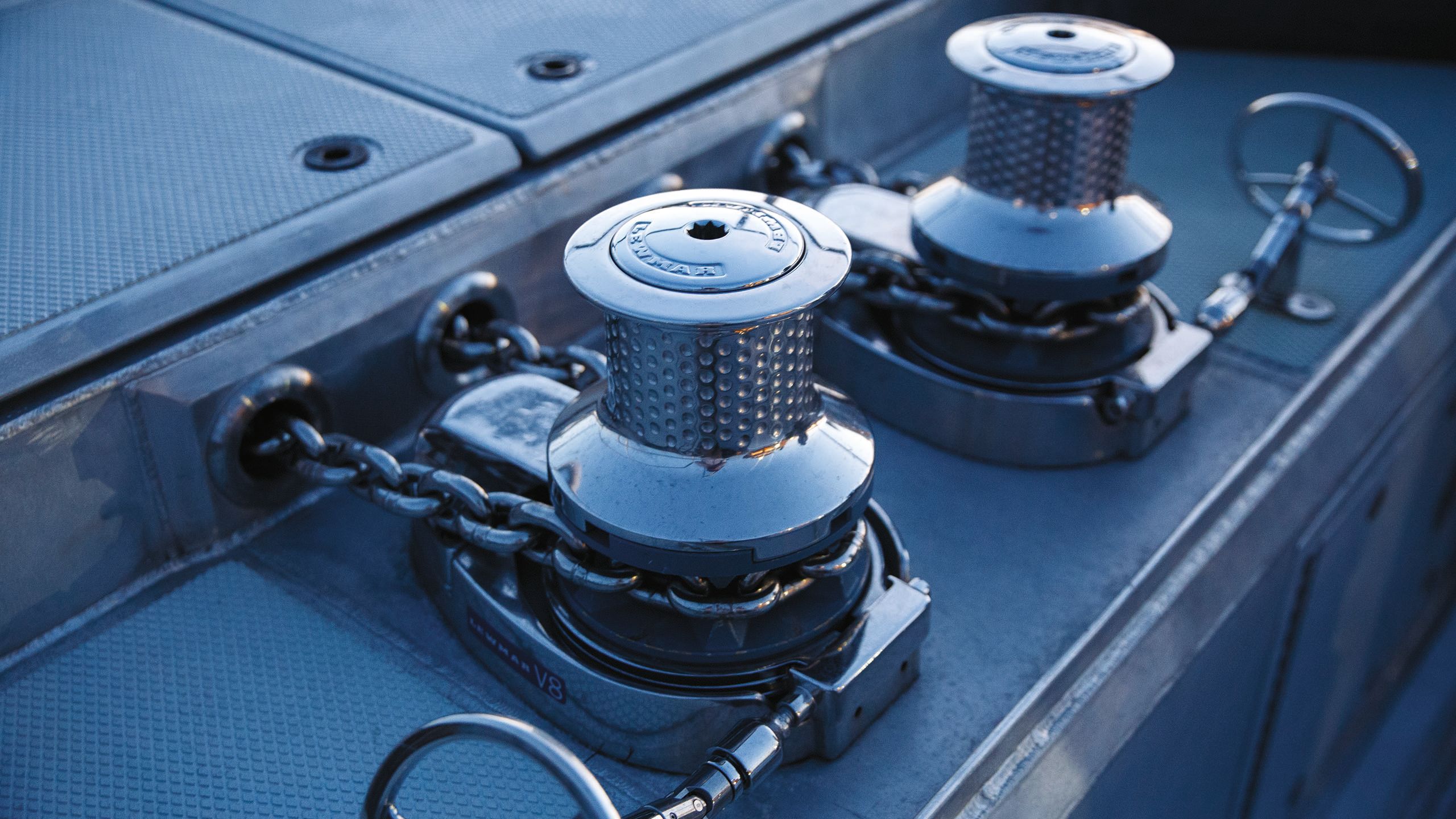 Close-up of the boat's winches