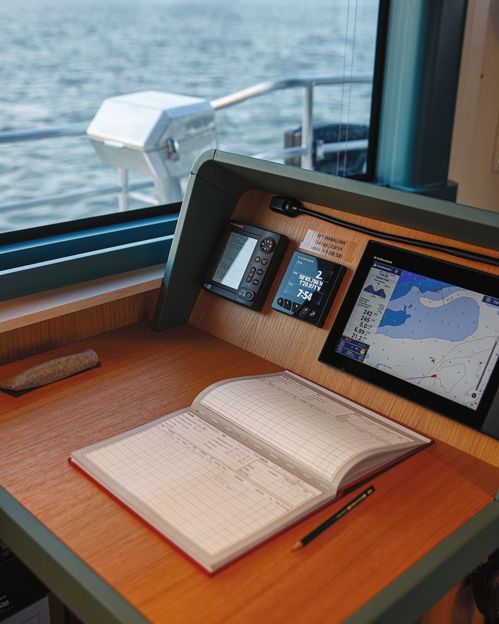 Navigational screens and a pad of paper with pen