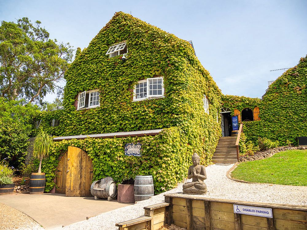 A three-storey house completely covered in light green ivy. It has a wooden arched door, barrels outside and windows with white frames