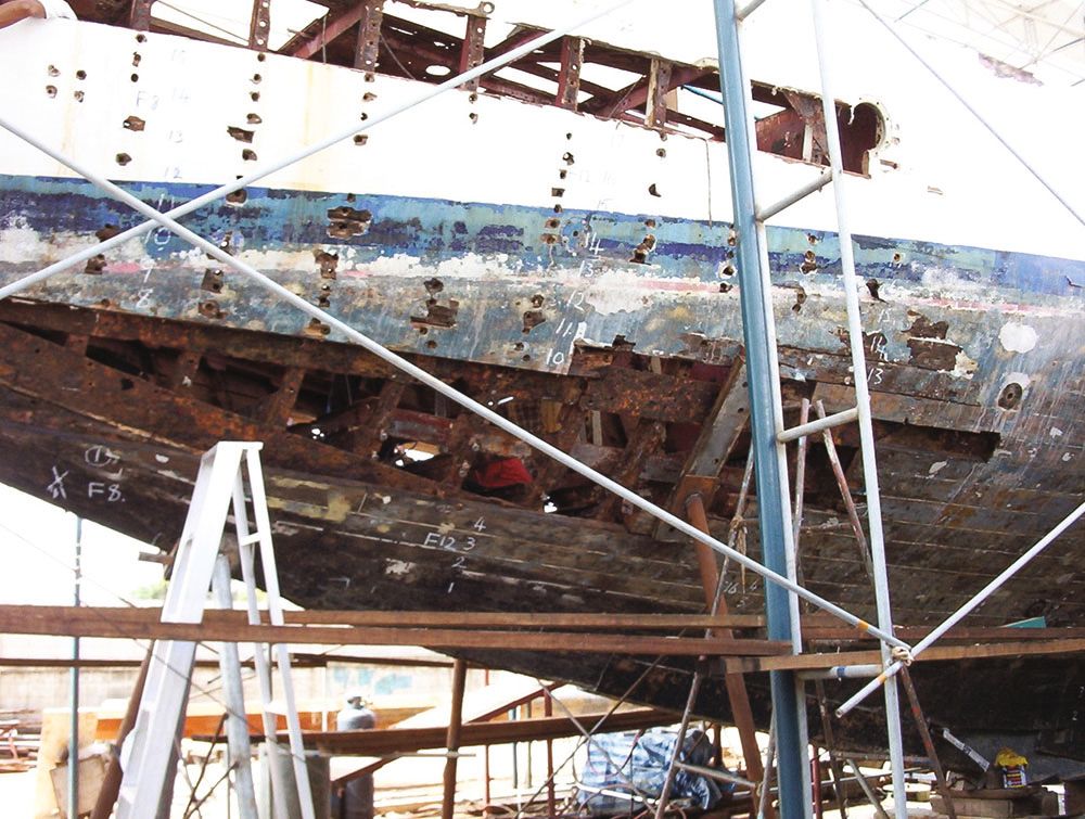Exterior of the vessel which is rusted and degraded