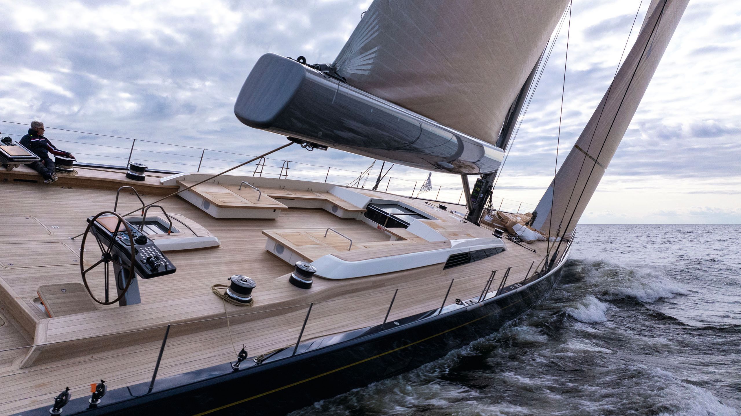 Looking along BeCool as it tilts on its side on the water