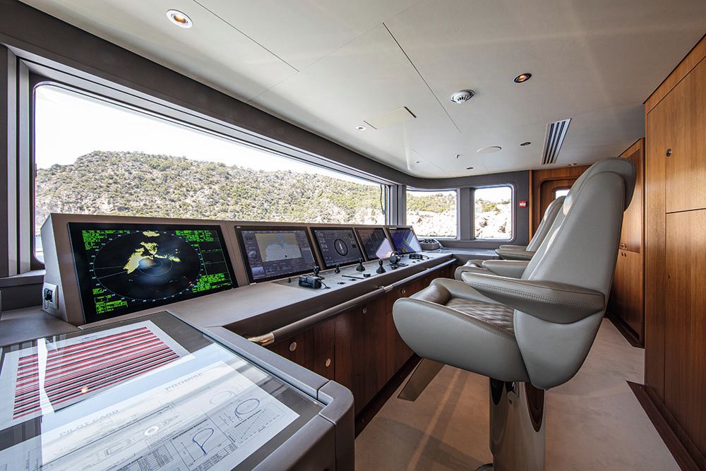 Bank of screens with controls and grey leather seats in front