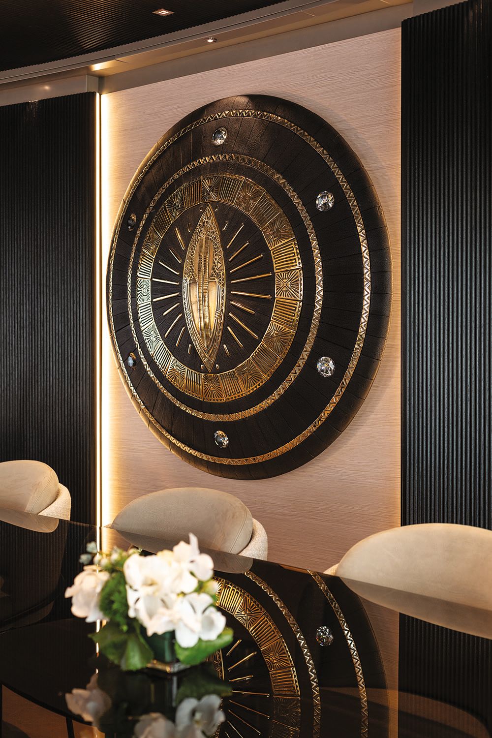 Gold and black shield on the wall