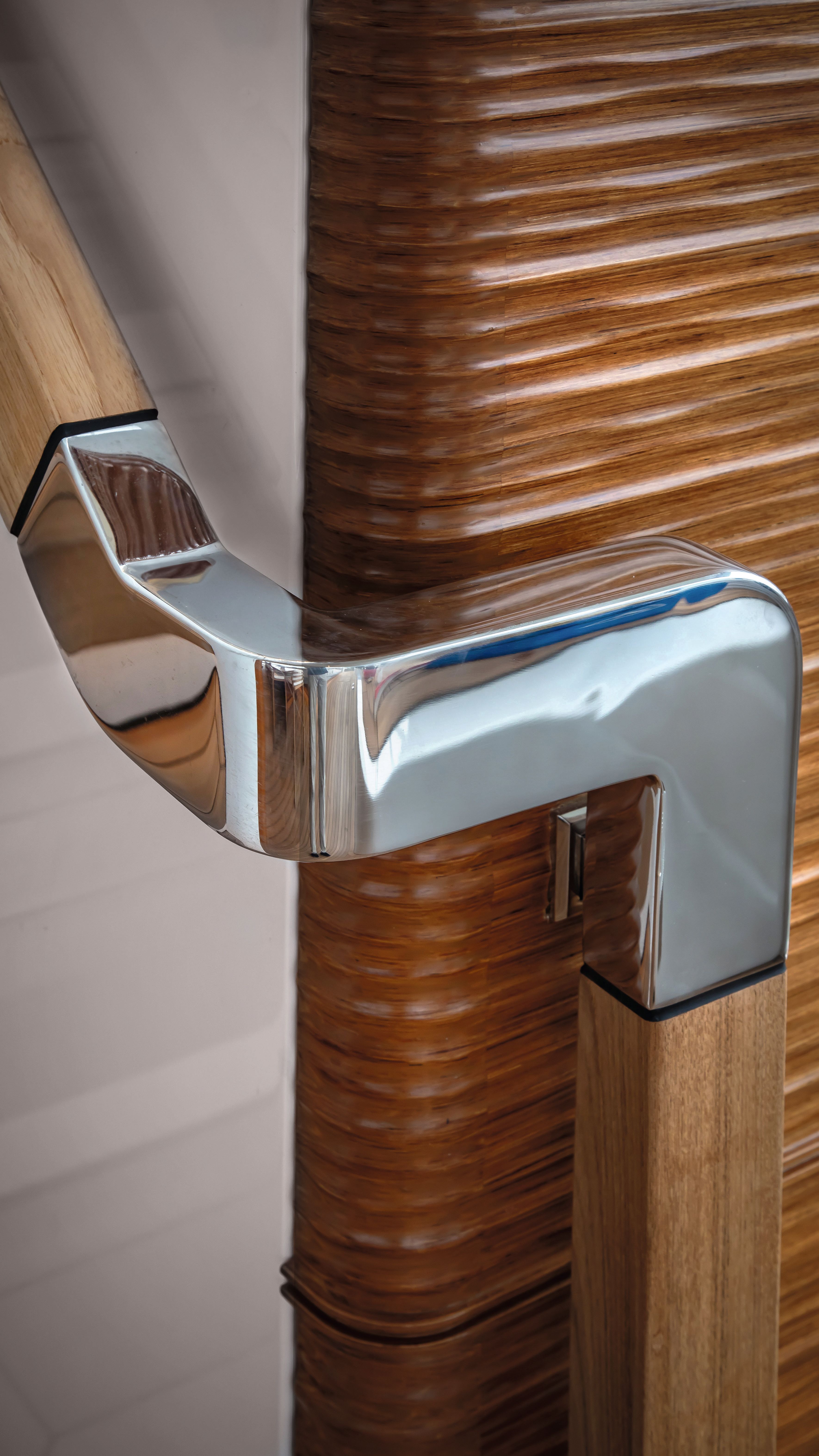 Close-up of chrome and wood detailing 