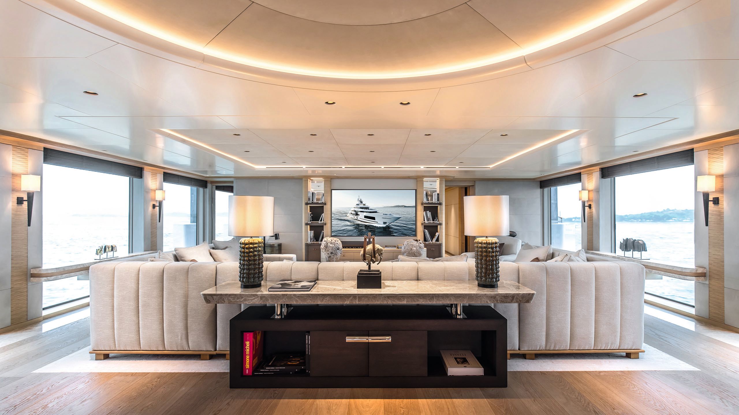 View from the back of the sofa, looking directly towards the TV